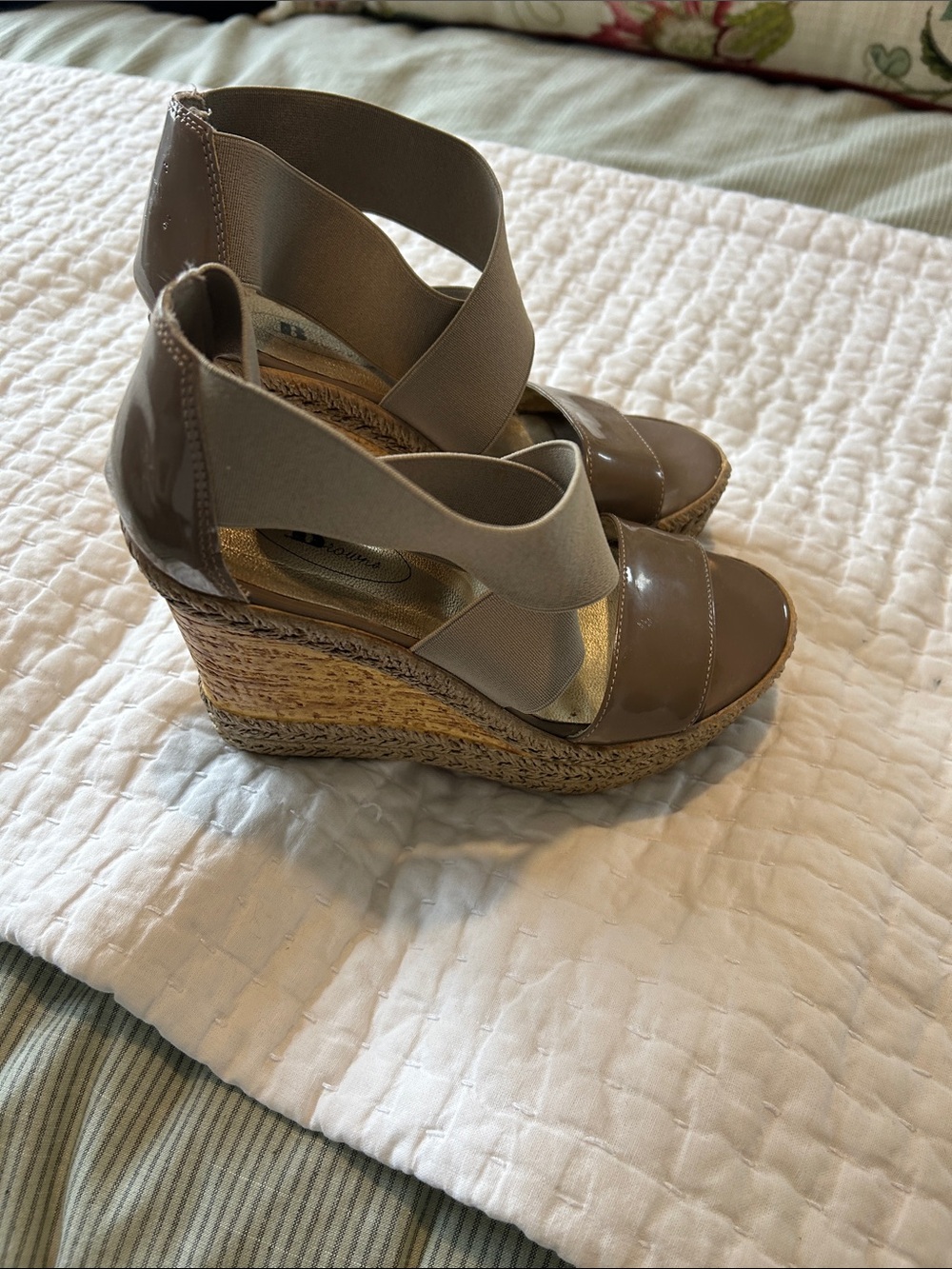 Wedge Espadrille Sandals with Elastic Crossover Straps - Taupe